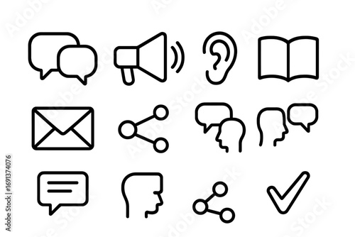 Healthy Communication Icons. Outline icon set of healthy communication: speech bubbles, megaphone, ear symbol,
