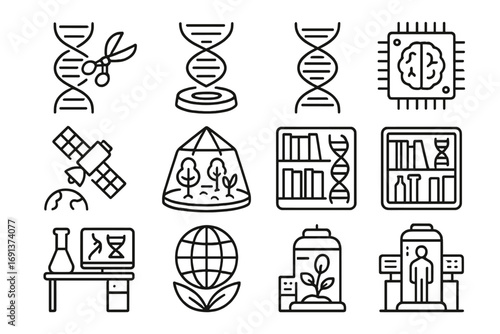 Futuristic Genetics Icons. Outline icon set of future genetics in conservation: DNA editing tool, digital