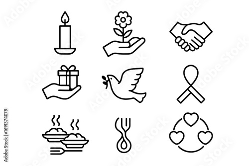 Reconciliation Ritual Icons. Outline icon set of reconciliation rituals: candle, flower offering, clasped