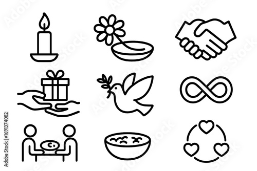 Reconciliation Ritual Icons. Outline icon set of reconciliation rituals: candle, flower offering, clasped