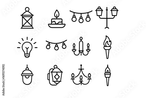 Evening Terrace Icons. Outline icon set of evening terrace lighting: lantern, candle, hanging lights, lamp
