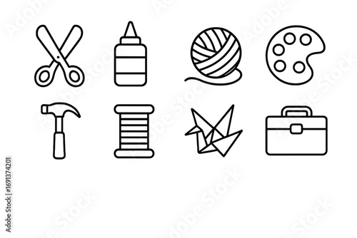 Craft Tools Icons. Outline icon set of DIY and crafts blogging: scissors, glue bottle, yarn ball, paint