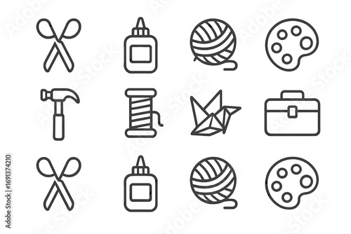 Craft Tools Icons. Outline icon set of DIY and crafts blogging: scissors, glue bottle, yarn ball, paint