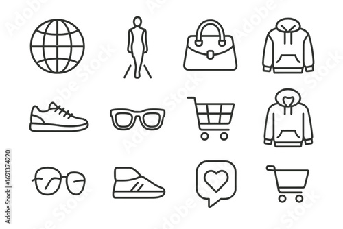 Fashion Icon Set. Outline icon set of global fashion trends: globe, runway model, designer bag, streetwear