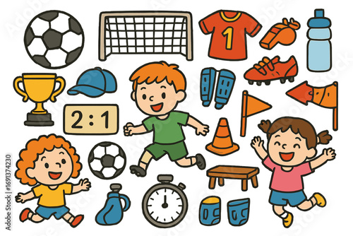 Kids' Soccer Cartoon. Colorful Hand-drawn doodle Children illustration soccer game soccer ball, goal net, whistle, jersey, cleats,
