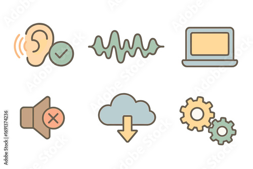 Kids' Tech Noise Icons. Flat vector mini-illustrations Technological noise reduction in colors children's illustrations:
