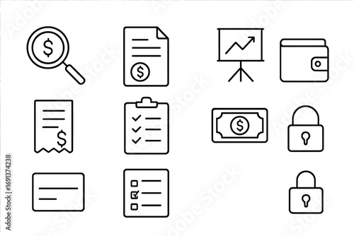 Financial Icon Grid. Outline icon set of transparent money management: magnifying glass, document, chart board