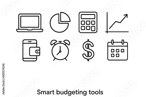 Smart Budgeting Icons. Outline icon set of smart budgeting tools: laptop, pie chart, calculator, savings graph