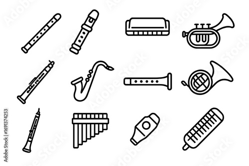 Kids' Wind Instruments Icons. Outline icon set of wind instruments for kids: flute, recorder, harmonica, trumpet, clarinet,