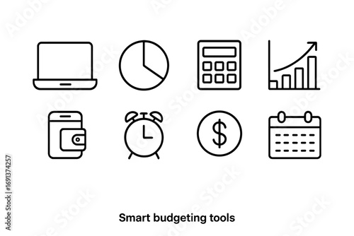 Smart Budgeting Icons. Outline icon set of smart budgeting tools: laptop, pie chart, calculator, savings graph