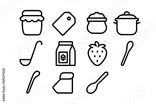 Fruit Preservation Icons. Outline icon set of fruit preservation: jam jar, label tag, sealed lid, cooking pot,