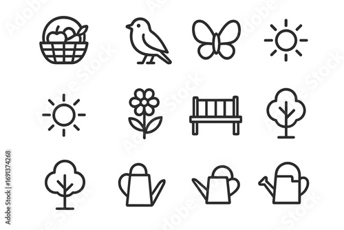 Summer Garden Icons. Outline icon set of summer garden scenery: basket of fruit, bird, butterfly, sun, flower,