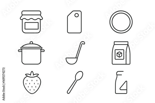 Fruit Preservation Icons. Outline icon set of fruit preservation: jam jar, label tag, sealed lid, cooking pot,