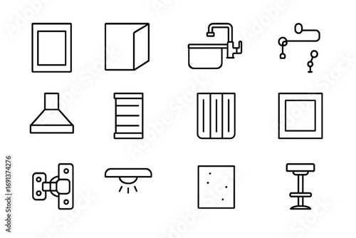 Kitchen Icon Collection. Outline icon set of custom kitchen cabinetry and finishes: shaker cabinet, waterfall island, farmhouse