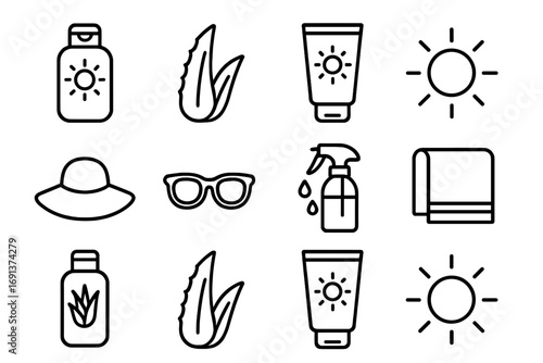 Skincare Icon Set. Outline icon set of sunscreen and skincare: sunscreen bottle, aloe vera leaf, lotion tube,