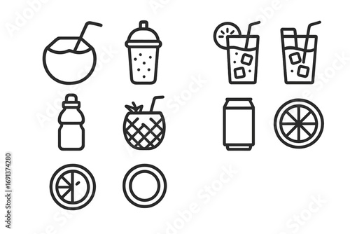 Tropical Drink Icons. Outline icon set of tropical drinks: coconut with straw, fruit smoothie, cocktail glass,
