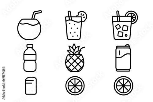 Tropical Drink Icons. Outline icon set of tropical drinks: coconut with straw, fruit smoothie, cocktail glass,