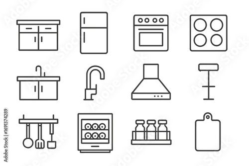 Kitchen Icons Collection. Outline icon set of contemporary kitchens: kitchen island, fridge, oven, induction cooktop, sink, faucet
