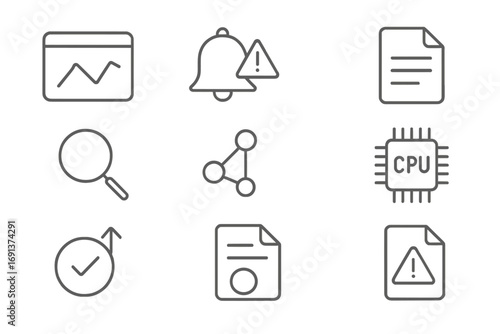 Monitoring Icons Grid. Outline icon set of monitoring and logging: dashboard graph, alert bell, log file,