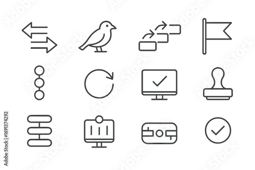 Deployment Strategy Icons. Outline icon set of deployment strategies: blue-green arrow, canary release bird,