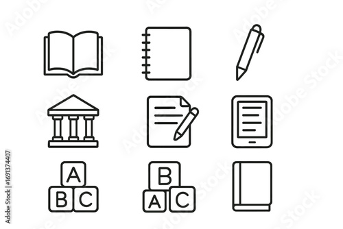 Learning Icons Set. Outline icon set of reading and writing learning: open book, notebook, pen, library, essay