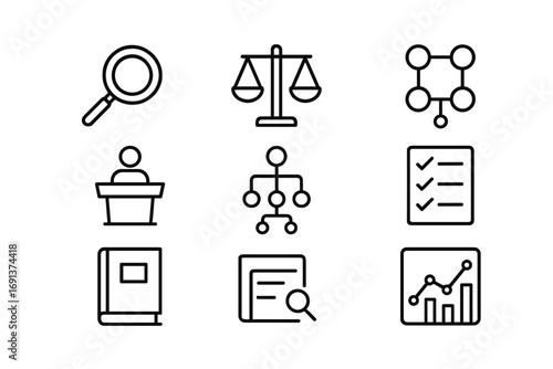 Critical Thinking Icons. Outline icon set of critical thinking in learning: magnifying glass, balance scale,