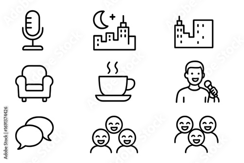 Late-Night TV Icons. Outline icon set of late-night TV shows: desk microphone, night skyline, city lights,