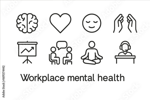 Workplace Wellness Icons. Outline icon set of workplace mental health: brain, heart, calm face, support hands,
