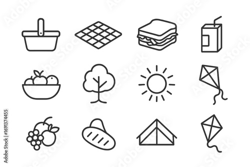 Family Picnic Icons. Outline icon set of family picnic in the park: picnic basket, blanket, sandwich, juice