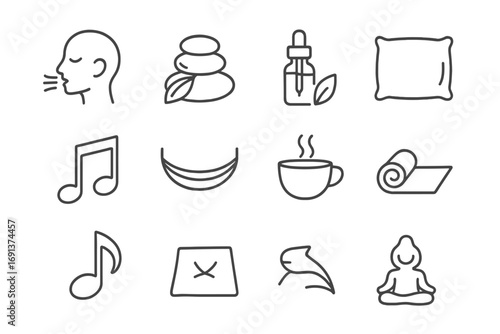 Relaxation Icon Set. Outline icon set of relaxation techniques: breathing icon, spa stone, essential oils