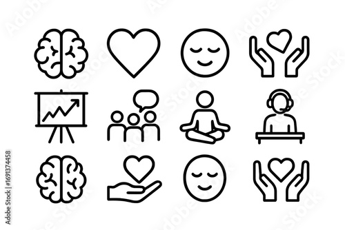 Workplace Wellness Icons. Outline icon set of workplace mental health: brain, heart, calm face, support hands,
