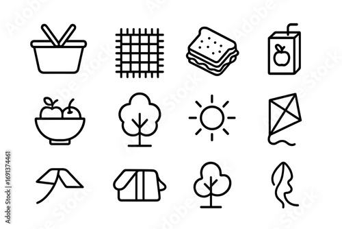 Family Picnic Icons. Outline icon set of family picnic in the park: picnic basket, blanket, sandwich, juice