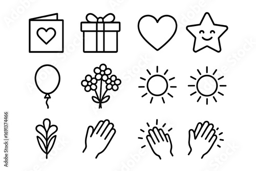 Workplace Positivity Icons. Outline icon set of gratitude and positivity in workplace: thank you note, gift