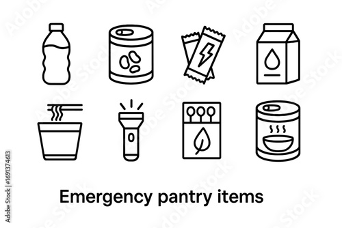 Emergency Pantry Icons. Outline icon set of emergency pantry items: bottled water, canned beans, energy bars,