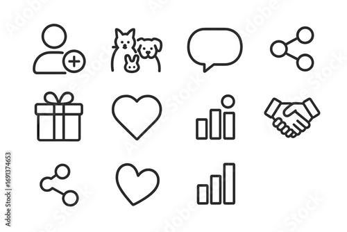 Social Icons Grid. Outline icon set of social digital companions: friend request icon, group pets, chat bubble