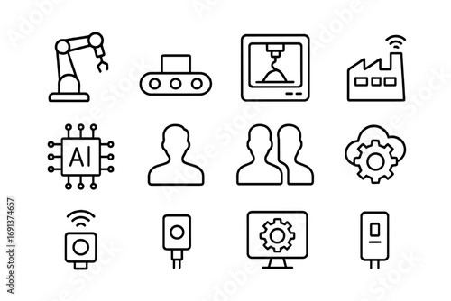 Manufacturing Tech Icons. Outline icon set of digital transformation in manufacturing: robotic arm, conveyor