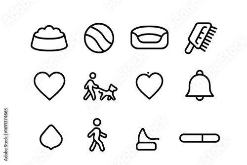 Pet Care Icons. Outline icon set of daily pet interactions: feeding bowl, play ball, sleeping bed, cleaning