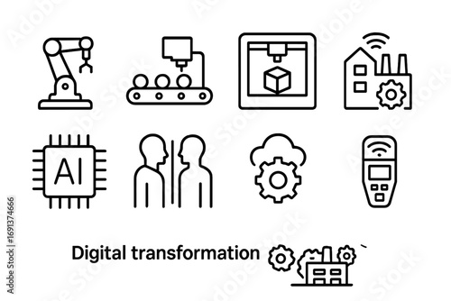 Manufacturing Tech Icons. Outline icon set of digital transformation in manufacturing: robotic arm, conveyor
