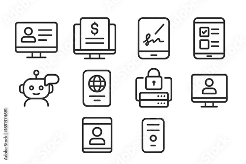 Digital Government Icons. Outline icon set of digital government services: online ID card, tax form app,