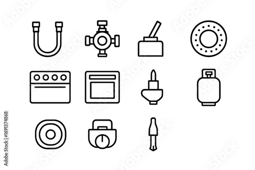 Gas Stove Icon Set. Outline icon set of gas stove equipment: gas pipe, regulator, ignition switch, burner cap,