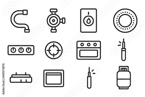 Gas Stove Icon Set. Outline icon set of gas stove equipment: gas pipe, regulator, ignition switch, burner cap,