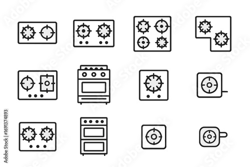 Cooktop Icon Set. Outline icon set of multi-burner cooktops: two-burner stove, four-burner stove, six-burner