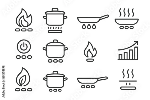 Stovetop Efficiency Icons. Outline icon set of stovetop energy efficiency: eco flame, insulated pan, flat