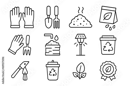 Eco Gardening Icons. Outline icon set of eco-friendly gardening with gloves: reusable gloves, bamboo tools,