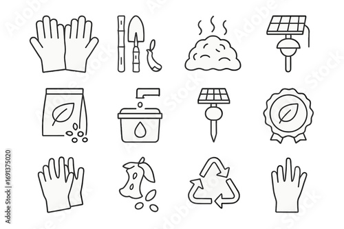Eco Gardening Icons. Outline icon set of eco-friendly gardening with gloves: reusable gloves, bamboo tools,