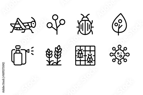 Pest and Disease Icons. Outline icon set of pests and diseases after weather shifts: locust, fungal spores,