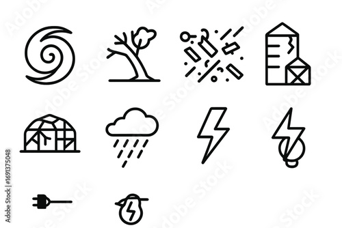 Storms and Food Security. Outline icon set of storms and food security: hurricane spiral, broken tree, flying