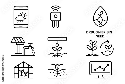 Climate-Tech Icon Grid. Outline icon set of climate-smart agriculture: weather app, sensor device,