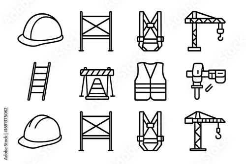 Construction Safety Icons. Outline icon set of construction site safety: helmet, scaffold, safety harness,