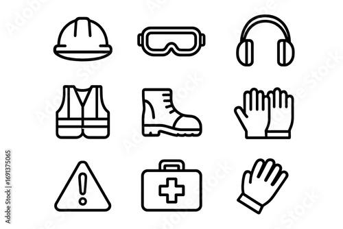 Workplace Safety Icons. Outline icon set of workplace safety procedures: hard hat, safety goggles, ear